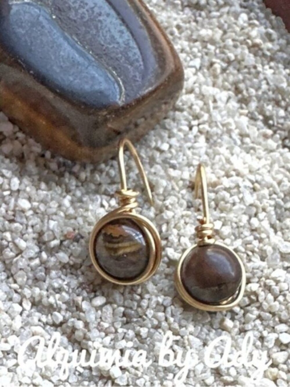 Gold Wire-Wrapped Brown Stone Drop Earrings